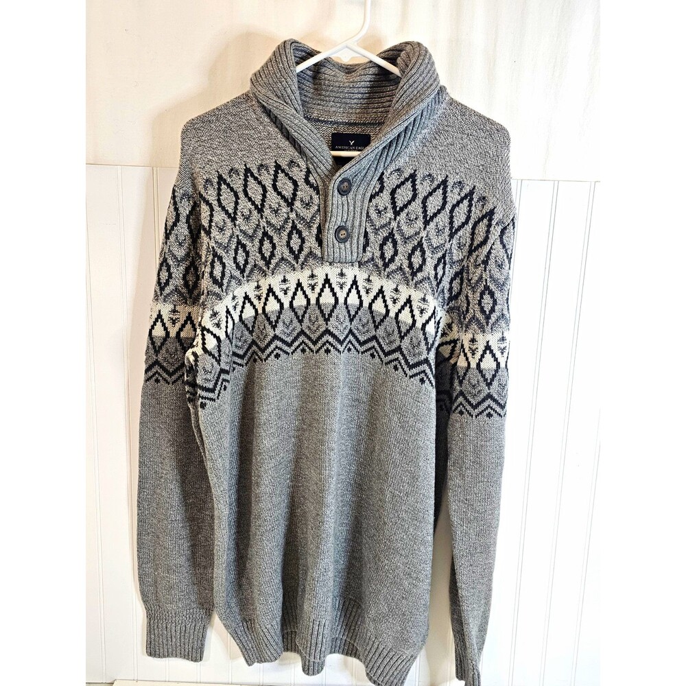 American Eagle Outfitters Mens Geometric Knit Cotton Button Pullover Sweater LT